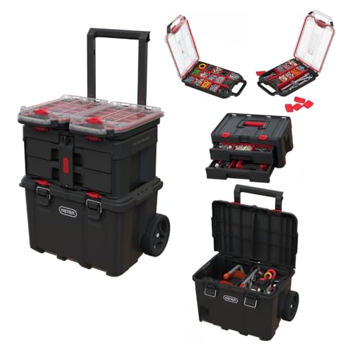 Keter Stack-n-Roll Modular Tools Organizer for Garage Storage and DIY, 3 Piece Resin Rolling Tool Box System for Small Parts, Black