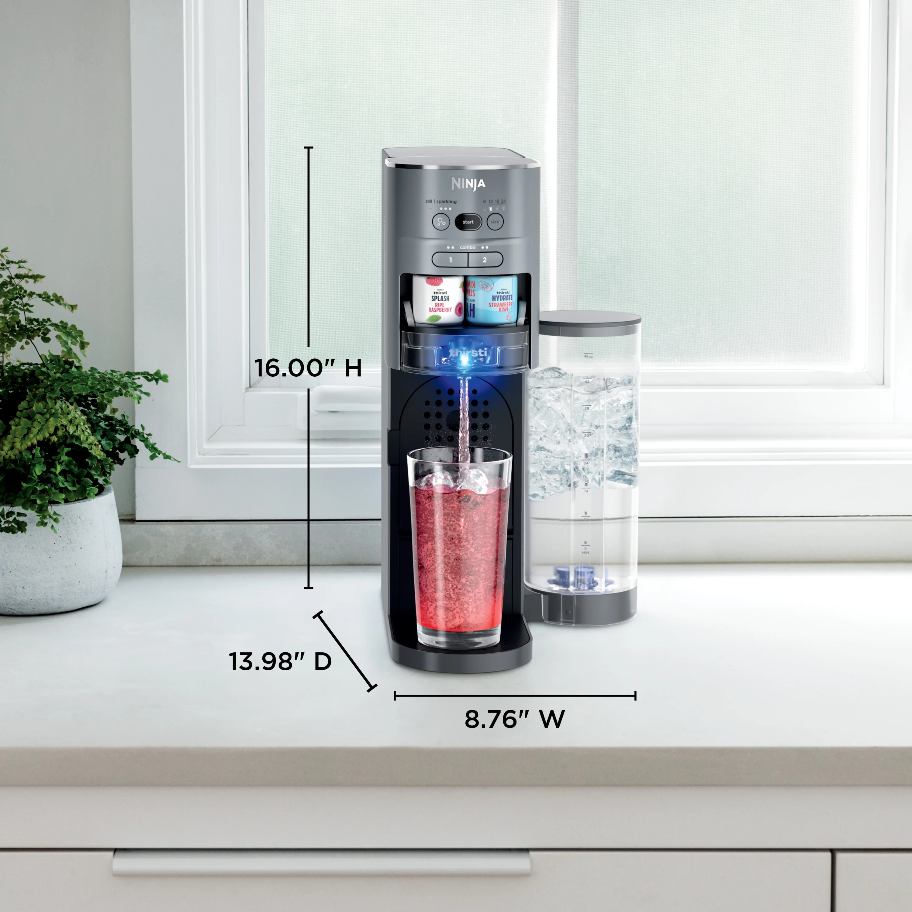 Ninja Thirsti Drink System Complete Still and Sparkling Customization Drink Kit with CO2 Canister, Flavors, and 48oz Reservoir, WC1000, Gray