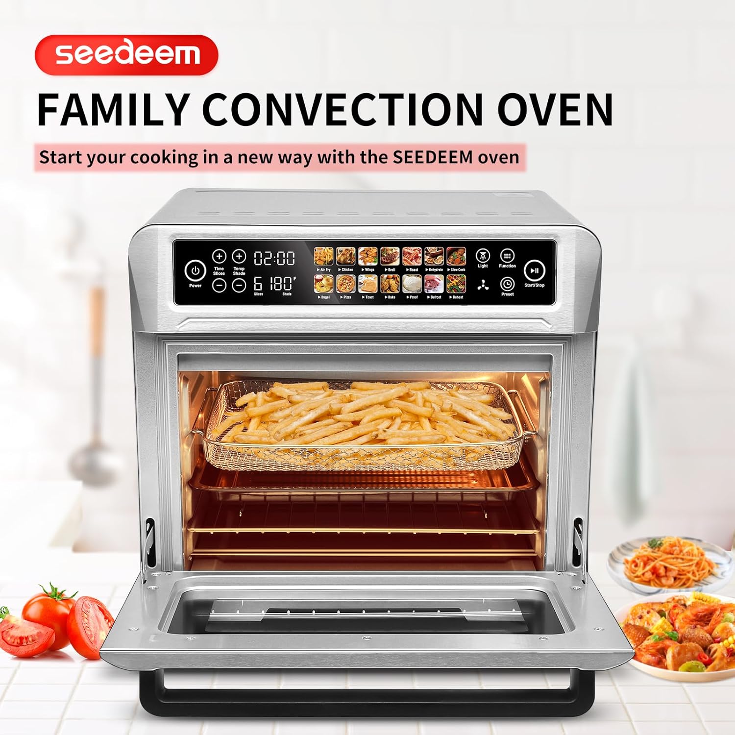 Air Fryer Toaster Oven, SEEDEEM 25L Countertop Convection Oven with Color LCD Display and Touch Screen, 14-in-1 Functions, Stainless Steel Smart Oven with Preset and Timer, Silver Metallic