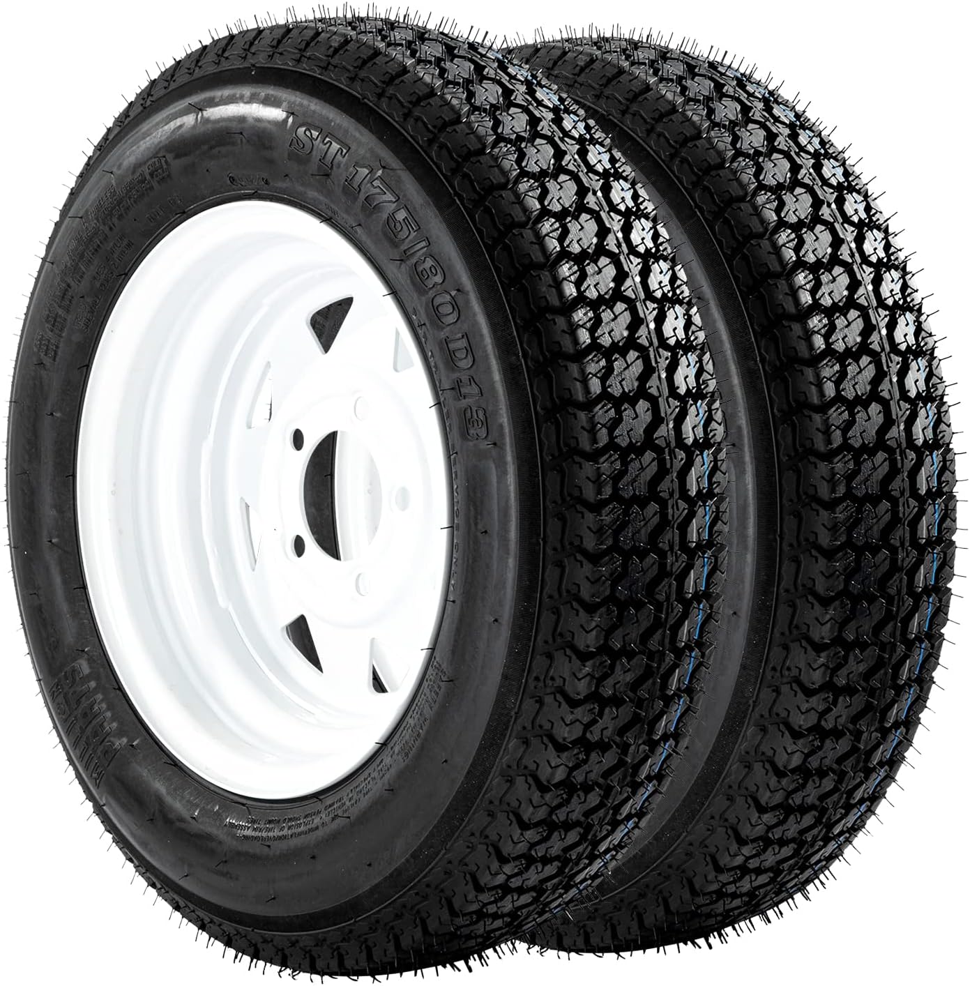 Set of 2 ST175/80D13 Trailer Tire Rim 13" White Spoke Trailer Wheel with bias ST175-80D/13 Tire Mounted (5x4.5) bolt circle