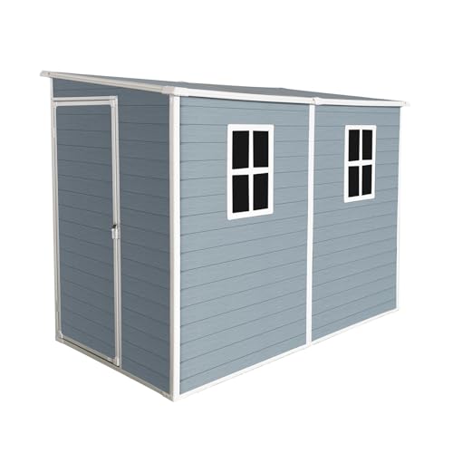 4x8 ft Outdoor Resin Storage Shed with Floor and 2 Windows, Lockable Double Door Resin Sheds with Vents, Waterproof Garden Shed for Backyard, Patio, Lawn, All-Weather Tool Sheds, Grey