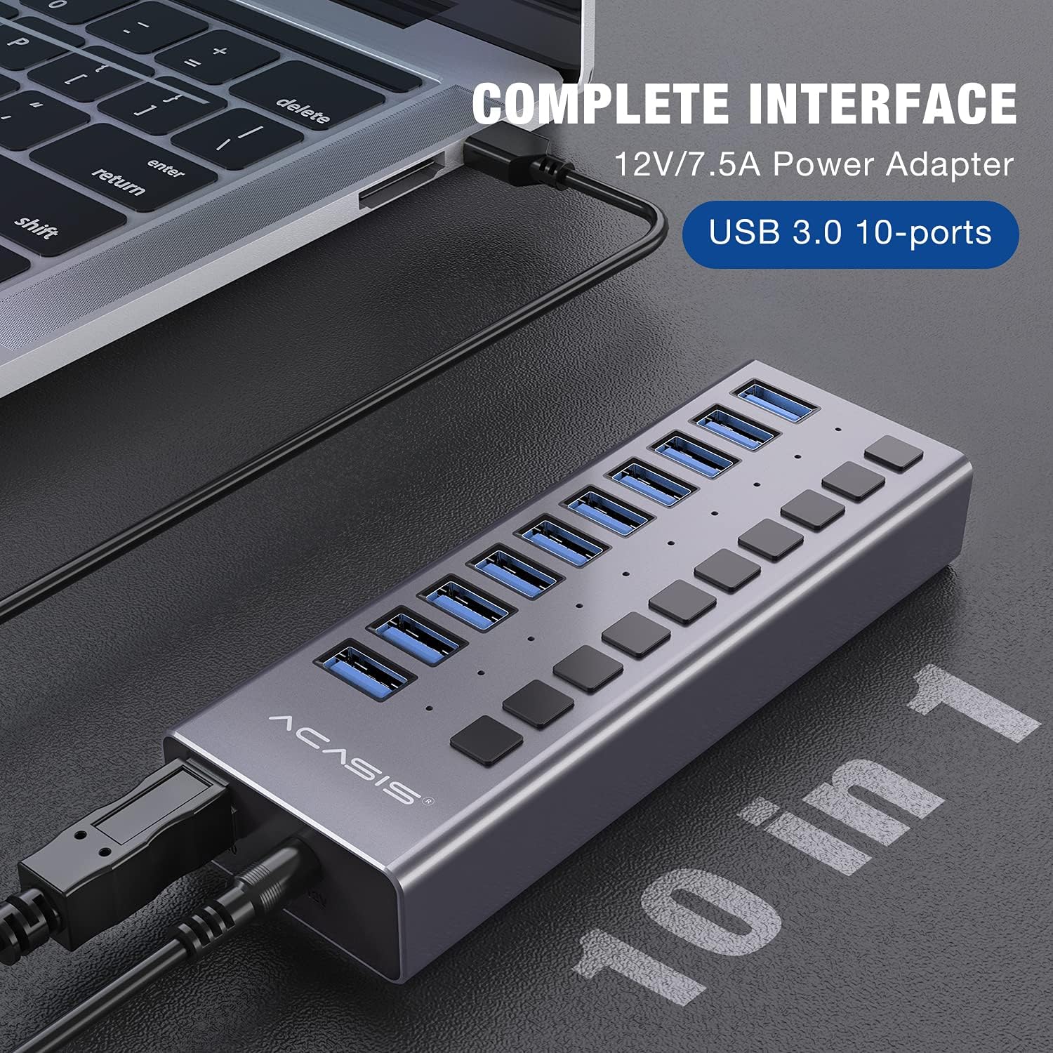 Powered USB Hub - ACASIS 10 Ports 48W USB 3.0 Data Hub - with Individual On/Off Switches and 12V/4A Power Adapter USB Hub 3.0 Splitter for Laptop, PC, Computer, Mobile HDD, Flash Drive and More