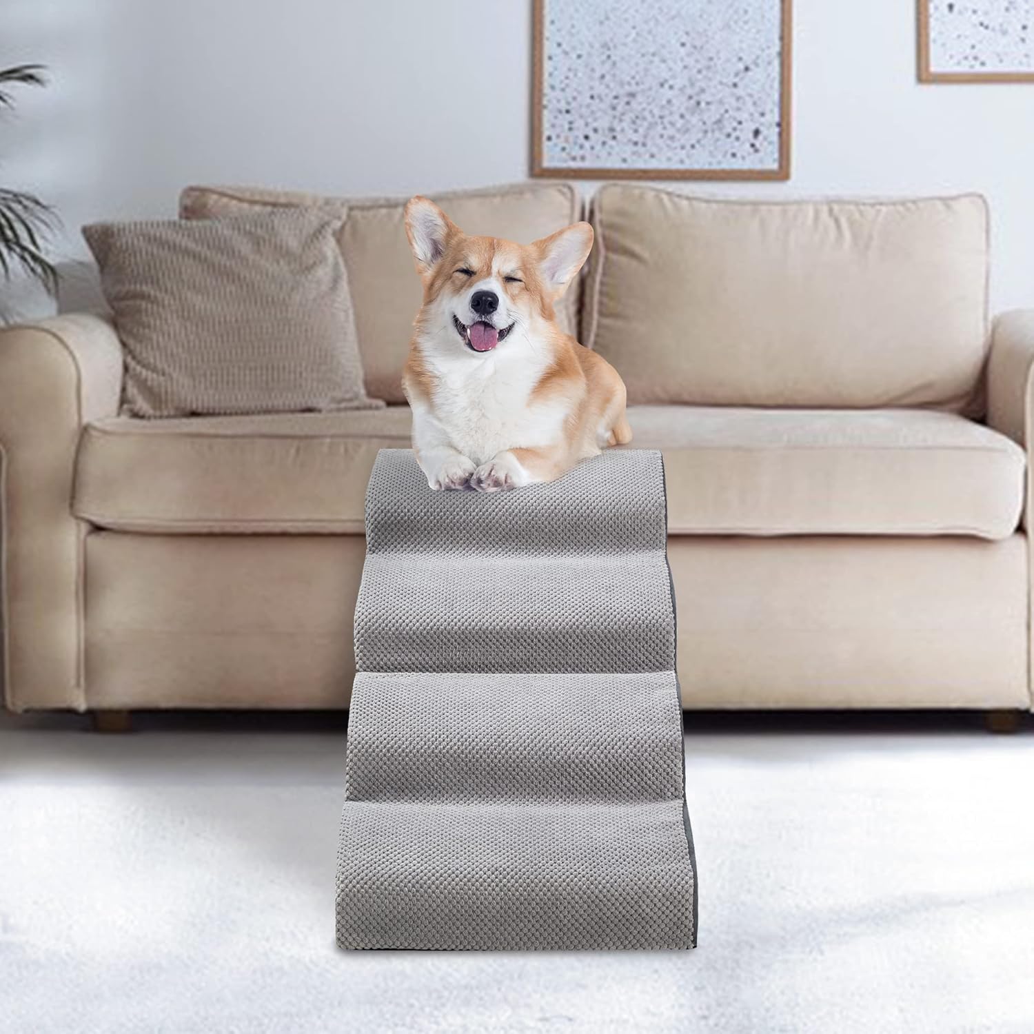 MALOROY Foam Dog Ramps, Dog Stairs Ladder Pet Ramp Stairs Non-Slip Pet Step for Older Dogs, Pet with Joint Pain, Sofa Bed Ladder for Cats (Grey)
