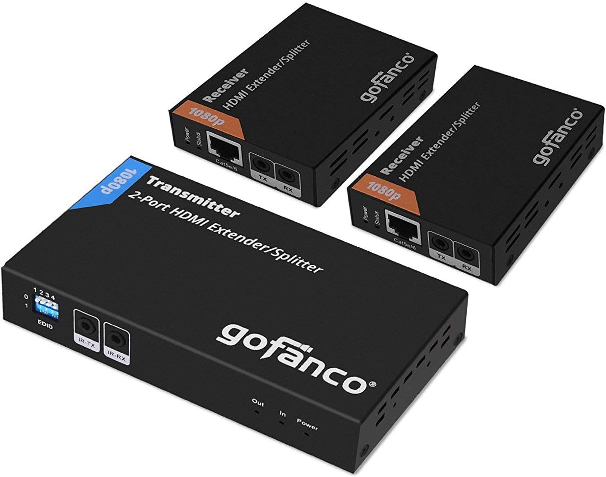gofanco Prophecy 1x2 HDMI Extender Splitter Full HD 1080p Over Cat5e/Cat6/Cat7 Ethernet Cable with HDMI Loopout - Up to 50m/165ft - EDID Management, Bi-Directional IR Remote Control (1 in 2 Out)