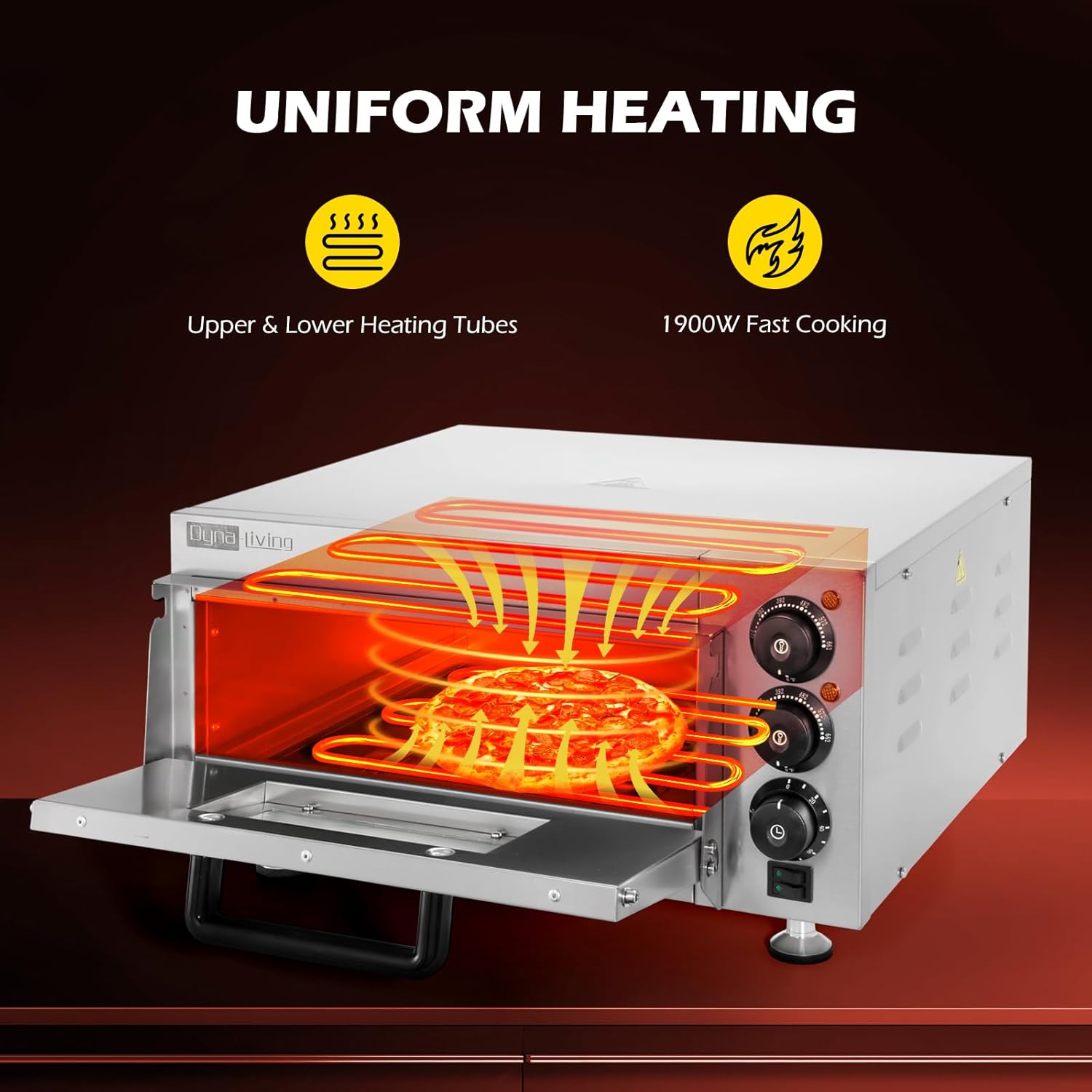 Dyna-Living Electric Pizza Oven Countertop Commercial Pizza Oven Indoor Pizza Oven 1900W Stainless Steel Commercial Pizza Maker with 12 Inch Pizza Pan and Pizza Stone for Restaurant Home Food Truck