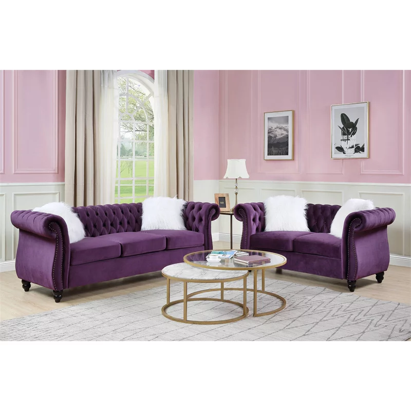 Bowery Hill Transitional Loveseat with 2 Pillows in Purple Velvet