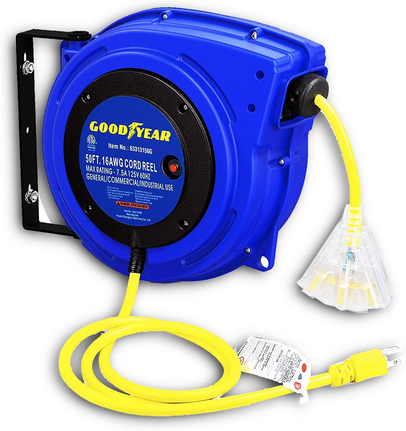 Goodyear Extension Cord Reel Retractable 16AWG x 50' Foot 3C/SJTOW Commercial Cable LED Triple Tap Connector Power 7.5A 125VAC 938W