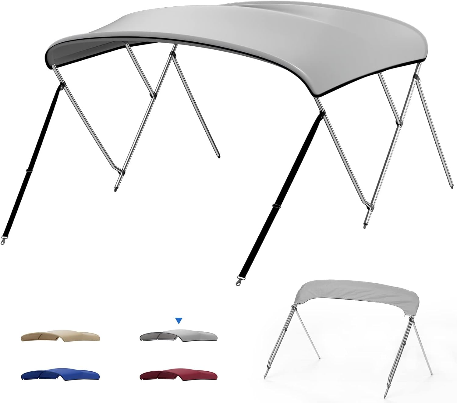 kemimoto Bimini Top for Boat, 3 Bow Bimini Top for Pontoon Jon Boat with 1 Inch Stainless Aluminum Frame, Boat Bimini Top with Rear Support Pole, Boat Accessories