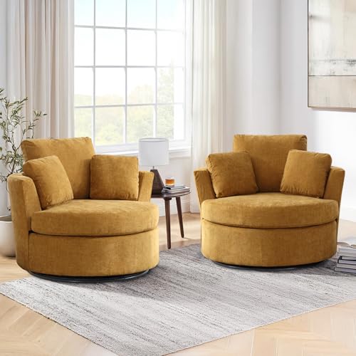 Chair and A Half with Ottoman, 360° Swivel Accent Barrel Chair Modern Comfy Round Reading Sofa Swivel Chairs Circle Lounge Chair for Bedroom Living Room w/4 Pillow Lower Seating Heigh (White, Large)
