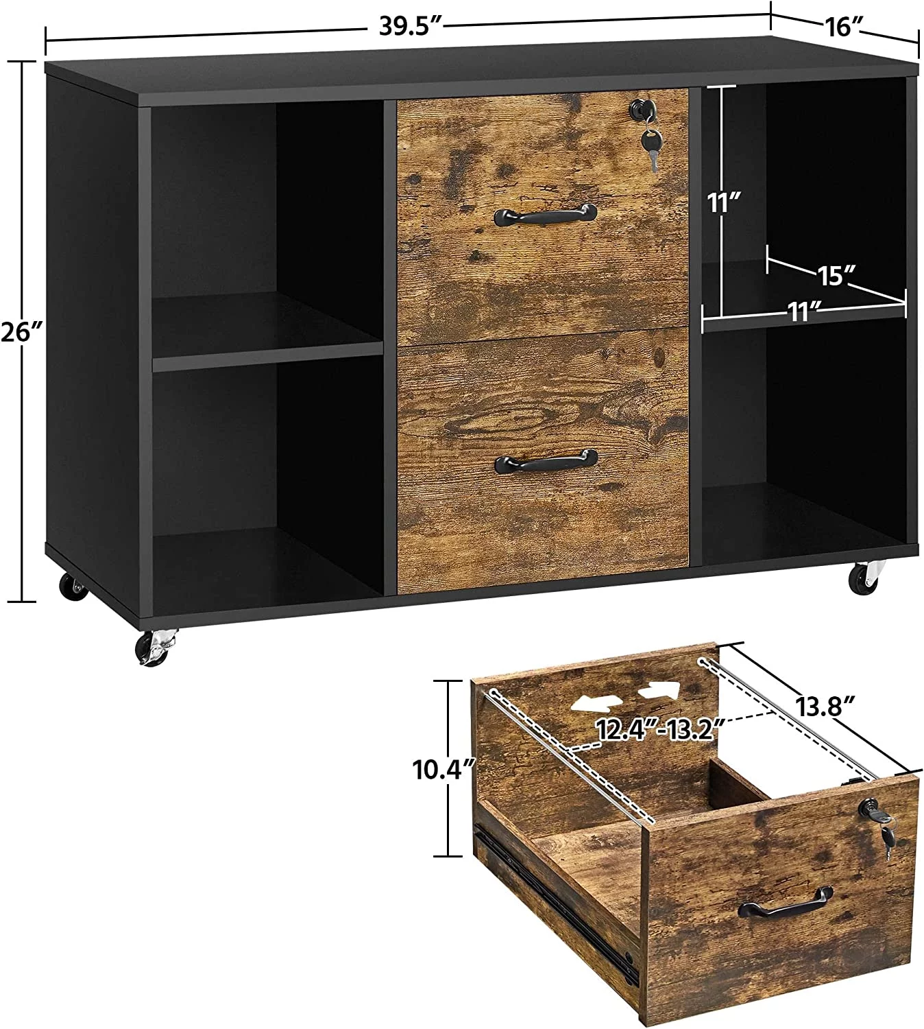 Black Filing Cabinet Large Mobile Storage Lateral Filing Cabinet with 2 Drawer and 4 Open Compartments,for Letter Size A4 Size, Printer Stand for Home Office, Black - Curated Treasures Market