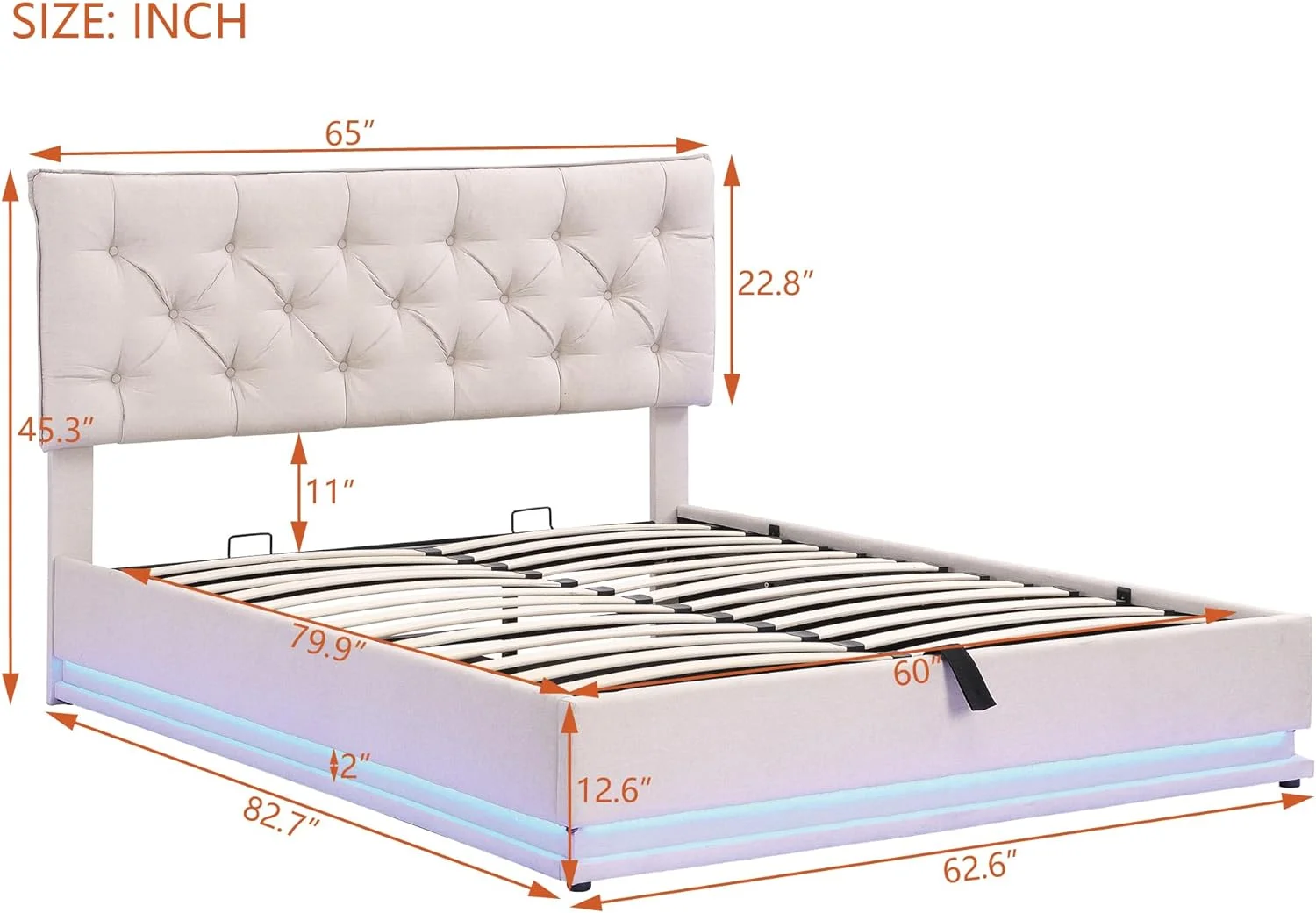 Queen Upholstered Bed With Lift Up Storage And LED Light, Modern Queen Platform Bed With Button-Tufted Headboard, Wood Queen Size Bed Frame For Bedroom, Linen, Beige, HZG-SF000039AAA