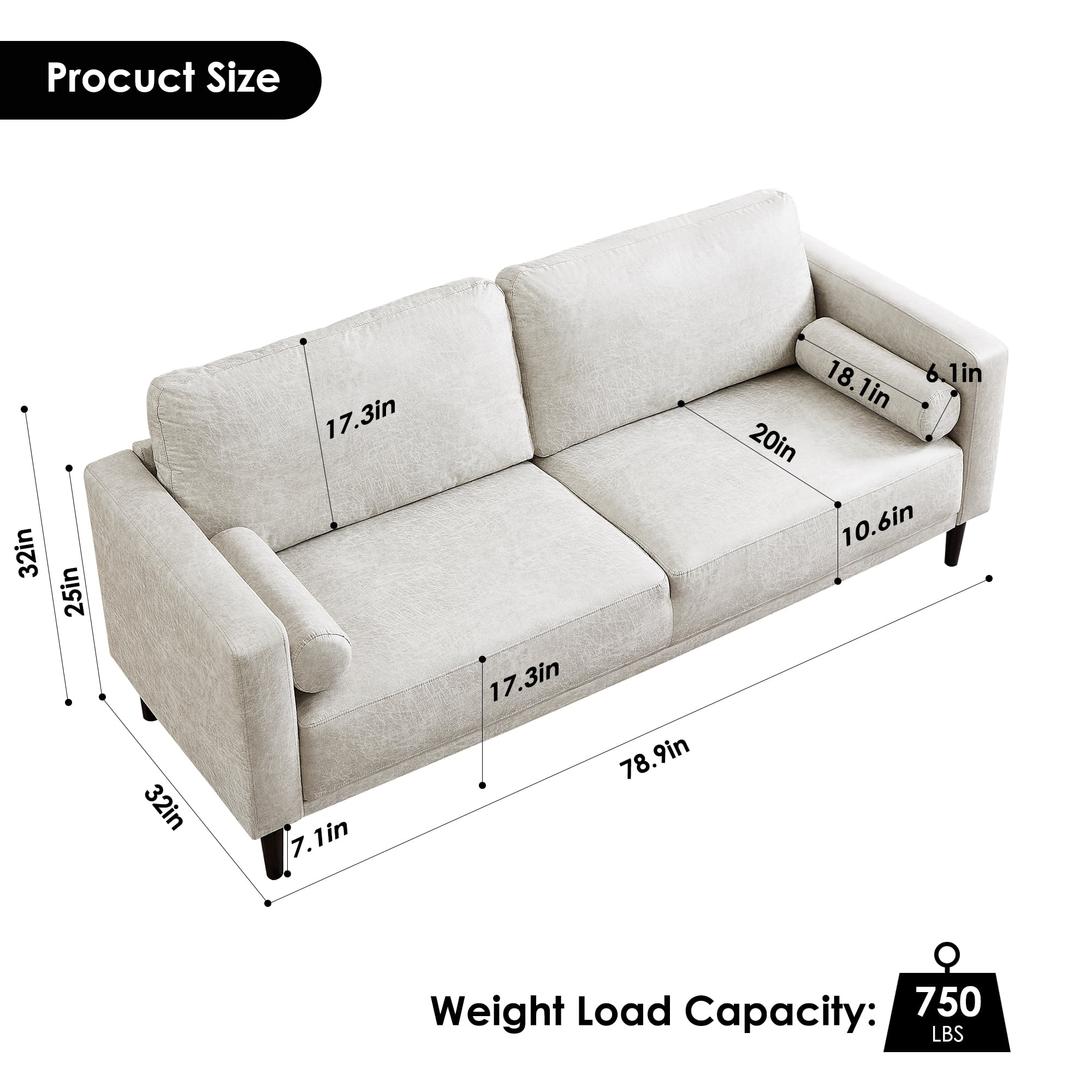 Homfa 3 Seat Sofa, 78.9'' Modern Large Upholstered PU Couch with Square Arm, White
