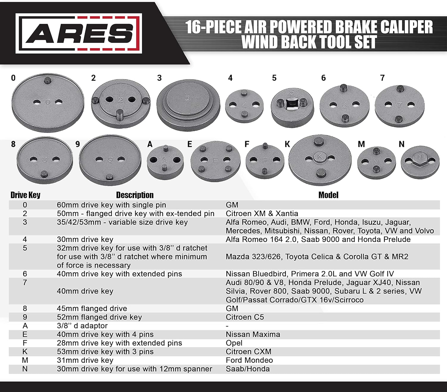 ARES 18024-16-Piece Brake Caliper Wind Back Tool Set - Pneumatic Design for Easy One-Person Use - Includes Compressor Tool, 15 Drive Key Disc Adapters - Storage Case Included