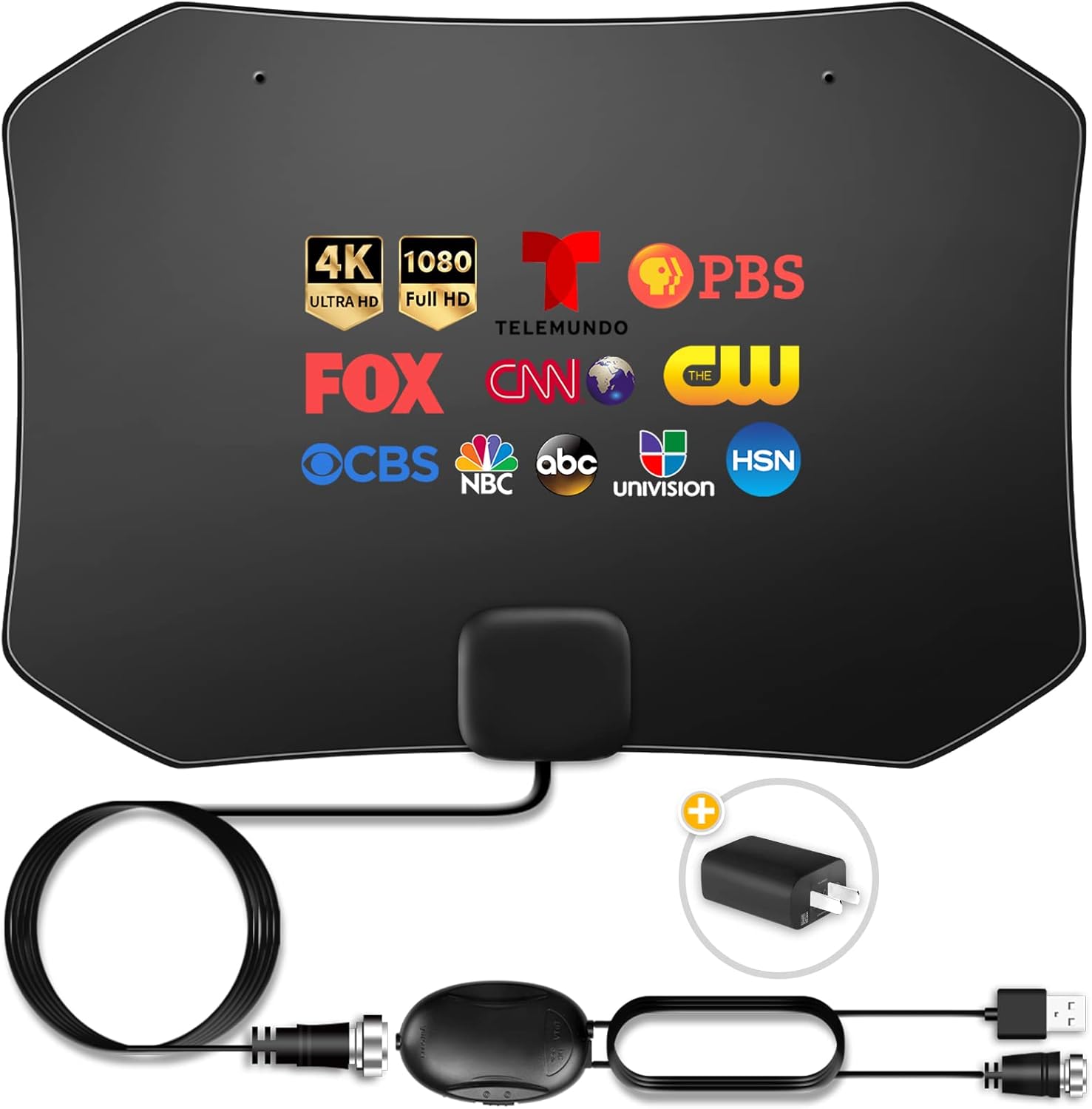Digital TV Antenna, 380 Miles Indoor Amplifier Signal Booster Long Range HDTV Antenna Support 4K 1080P UHF VHF Free Local Channels with 13.4ft Coax Cable and USB Power Adapter