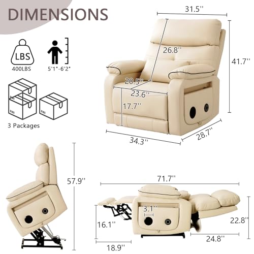 Dual Motor Power Lift Recliner Chair for Adult & Elderly, Infinite Position Lay Flat Lift Chair with Heat & Massage, Cup Holder, Lumbar Pillow, Wireless Charger, USB Ports, Leather (Beige)
