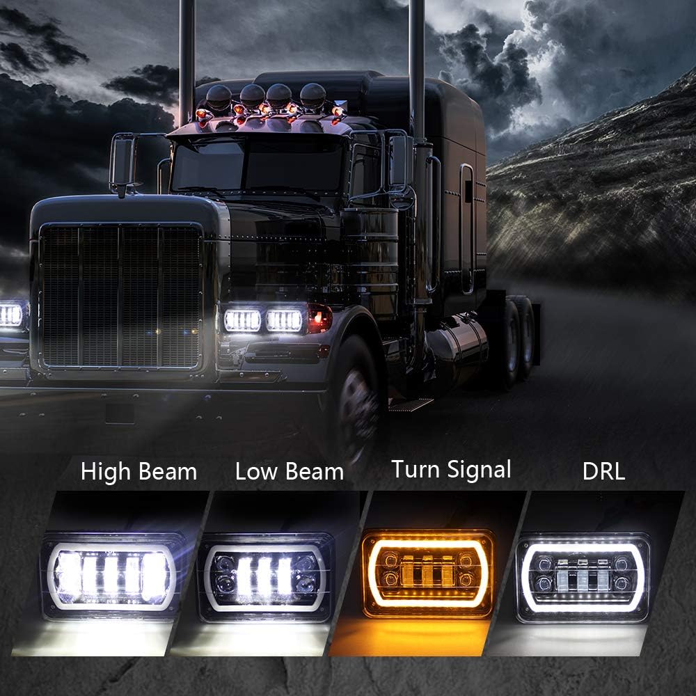 ROCCS PAIR 4x6 led Headlights with White/Amber Halo Sealed Beam For Trucks Chevro FD Freightliner Peterbil Kenworth Pick-up 4"x6" Replacement H4651 H4652 H4656 H4668 H6545 Pack of 2