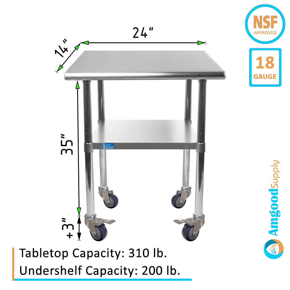 AmGood 18 x 48 Stainless Steel Work Table with Casters | Heavy Duty Metal Utility Table On Wheels | Kitchen Island Cart