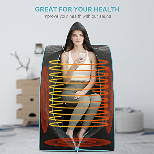Smartmak Far Infrared Sauna, Full Body One Person Portable SPA Set with Time & Tempreture Remote Control, Heating Foot Pad and Foldable Reinforced Chair (L 27.6’’ x W 31.5’’ x H 37.8’’)- Blue Border