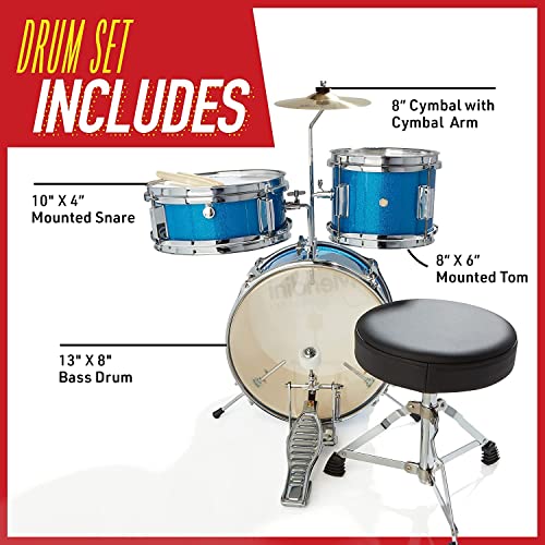 Mendini By Cecilio Kids Drum Set, 3 Piece Junior Drum Set for Beginners with Bass Tom Snare Drum, 16 inch Drum Kit with Snare, Cymbal, Drumsticks, Adjustable Seat (Metallic Red)