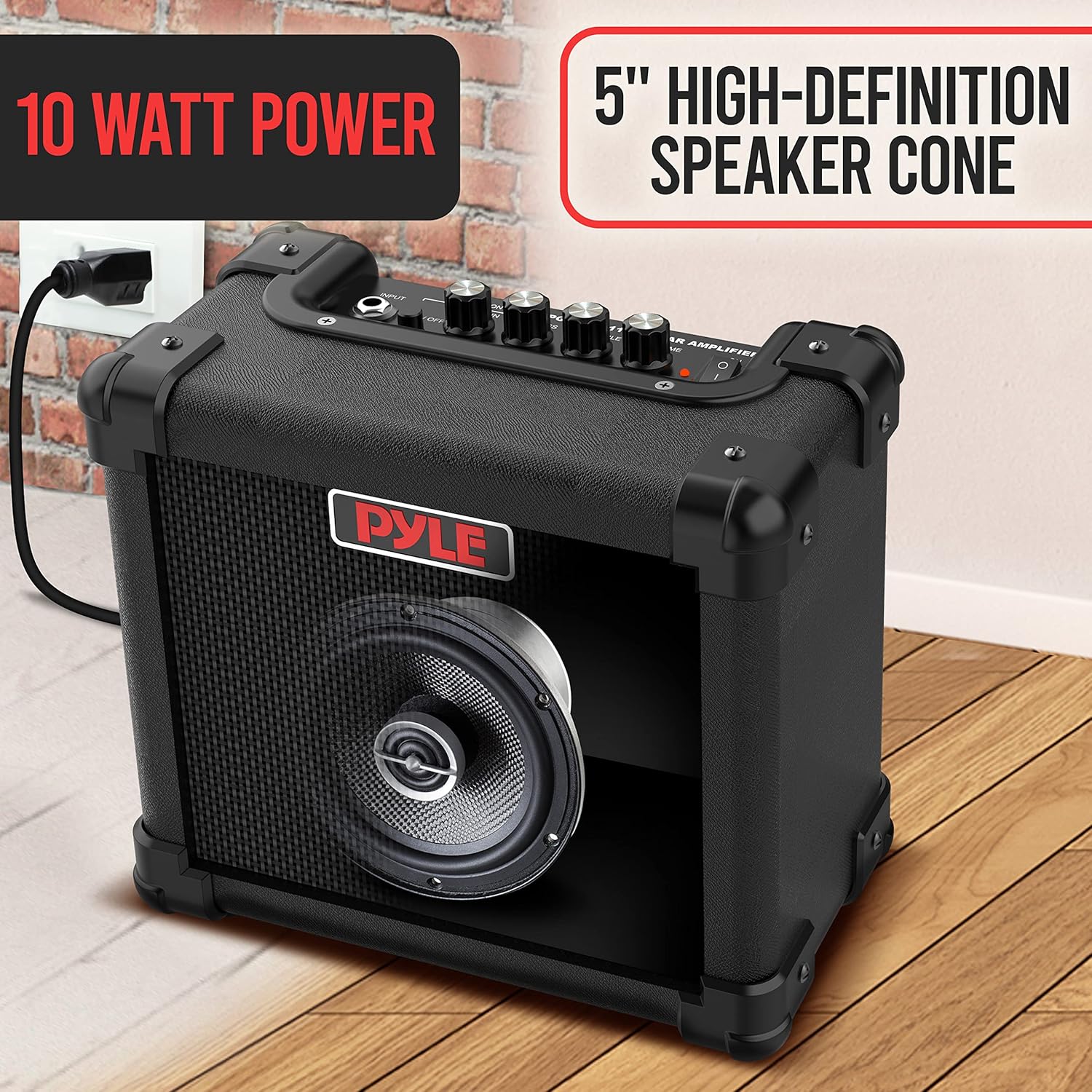 Pyle Mini Electric Guitar Amp - Portable 10 Watt Mini Practice Instrument Amplifier with 5-Inch High Definition Speaker, Volume, Bass, Treble, Distortion, Gain Controls, Headphone Output Jack Pack of 2