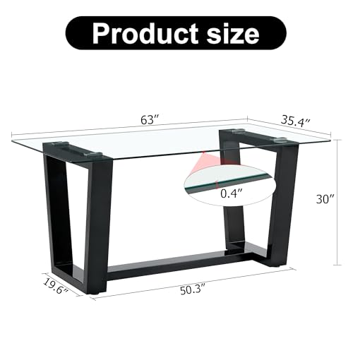 Glass Dining Table Set for 6, Modern Dining Room Table Set for 6, Kitchen Table Set for 6,Glass Dinner Table Set with Black Bracket Pedestal for Kitchen Dining Room