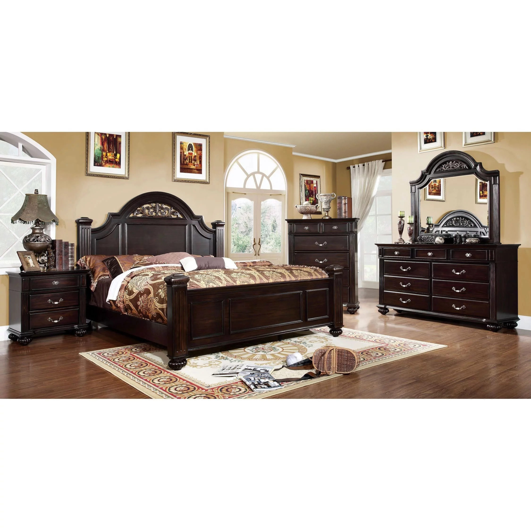 Furniture of America  Vame Traditional Solid Wood Four Poster Bed Dark Walnut King Traditional, Rustic