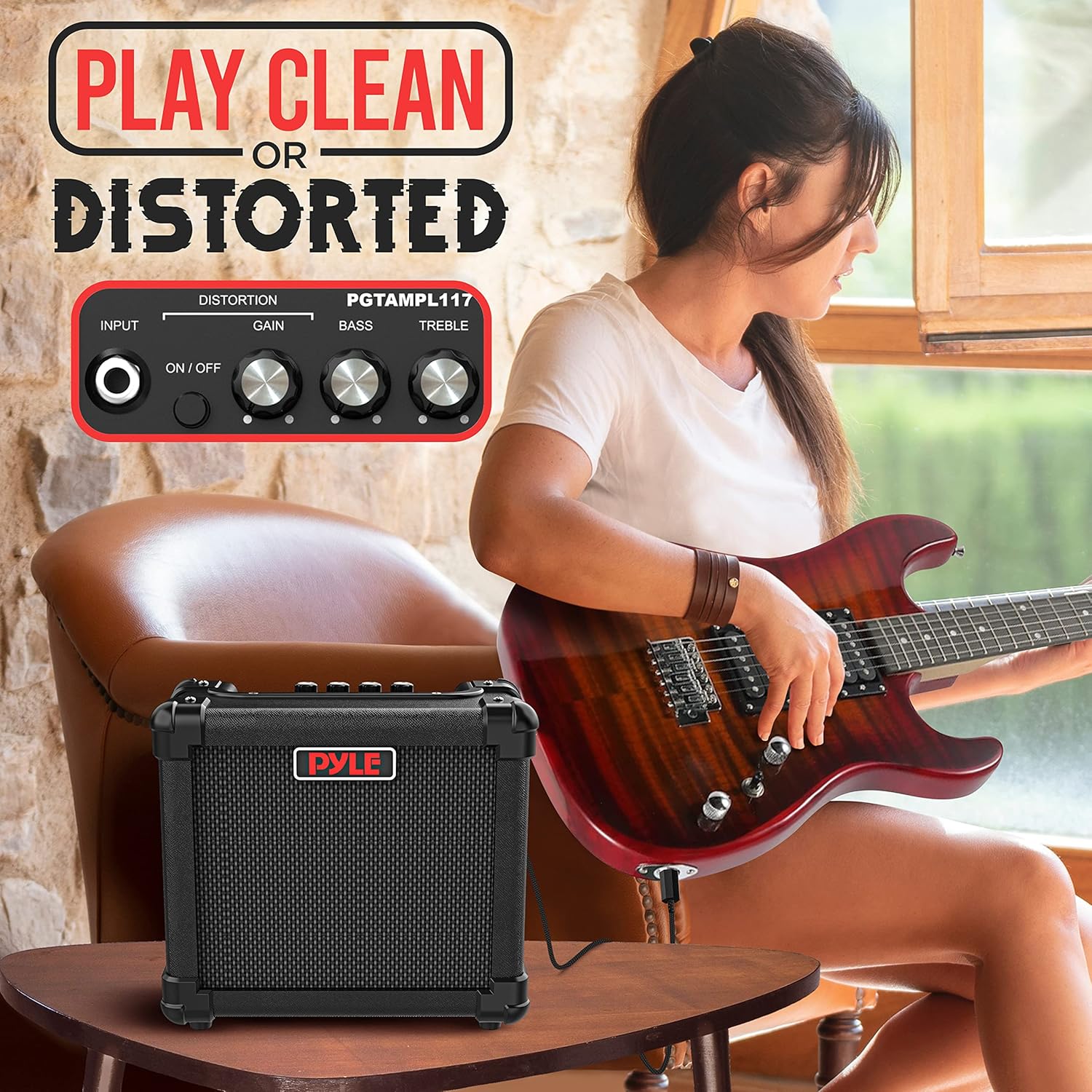 Pyle Mini Electric Guitar Amp - Portable 10 Watt Mini Practice Instrument Amplifier with 5-Inch High Definition Speaker, Volume, Bass, Treble, Distortion, Gain Controls, Headphone Output Jack Pack of 2