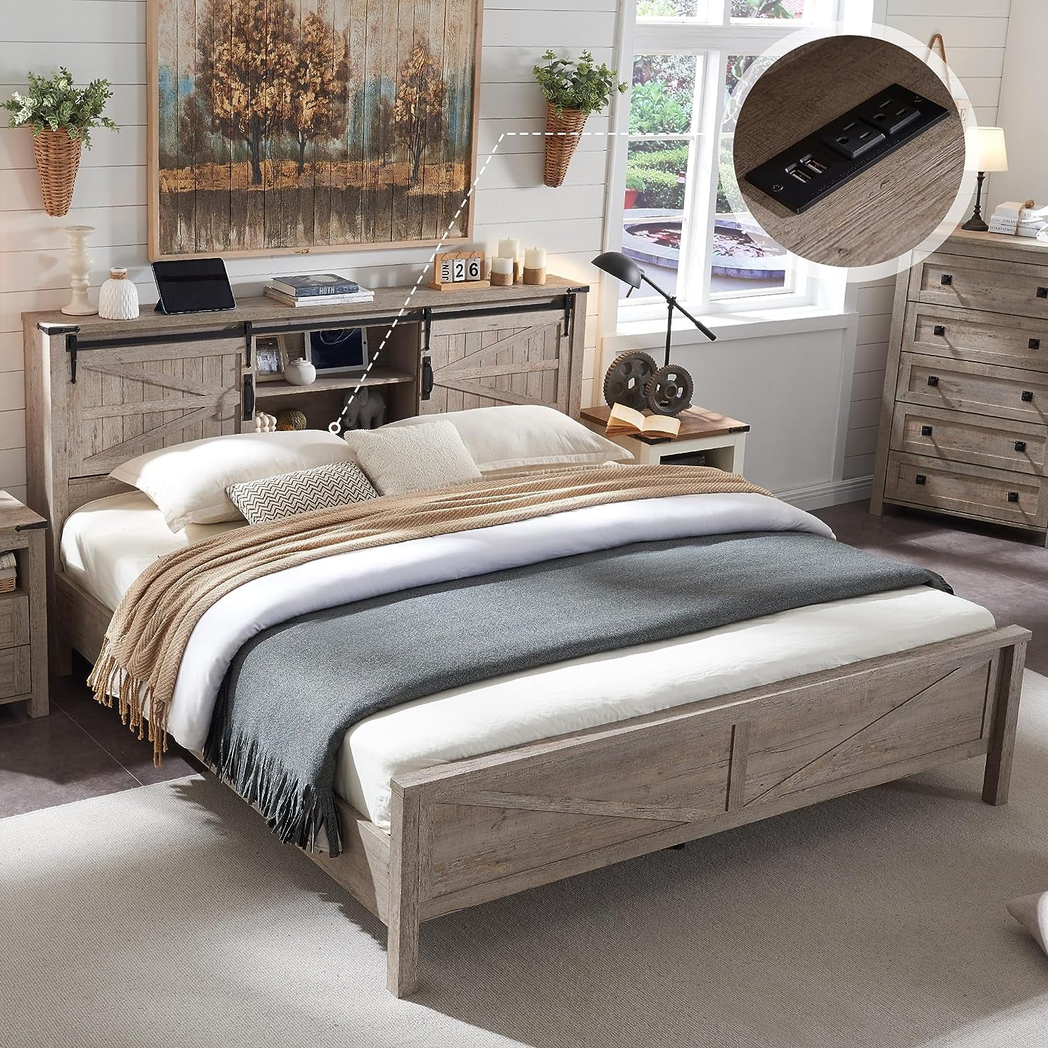 OKD Modern Farmhouse Full Platform Bed with Bookcase Headboard Storage and Charging Station, No Box Spring Needed, Anitique White Finish
