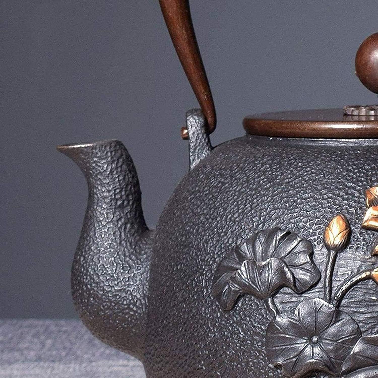Japanese Style Cast Iron Teapot with Infuser 1200Ml Cast Iron Tea Kettle with Anti Rust Inner and Copper Lid Teapot for Electric Ceramic Stove As Gift Black Retro Teapot