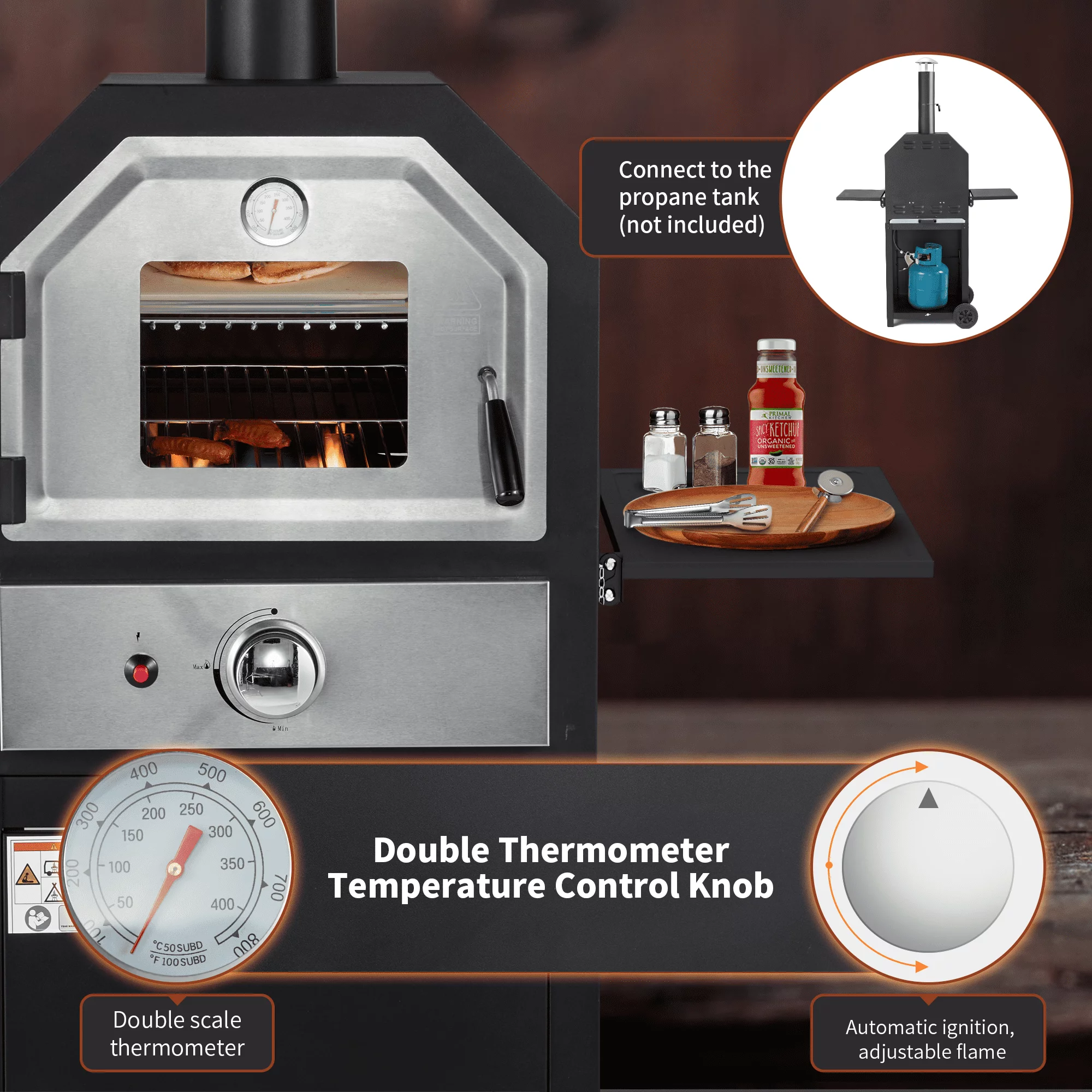 Vicluke 12" Propane Gas Pizza Oven, CSA Approved Portable Pizza Oven with 2 Foldable Shelves and Wheels, 2-Layer Smokeless BBQ Oven for Outdoor (Propane Tank excluded）