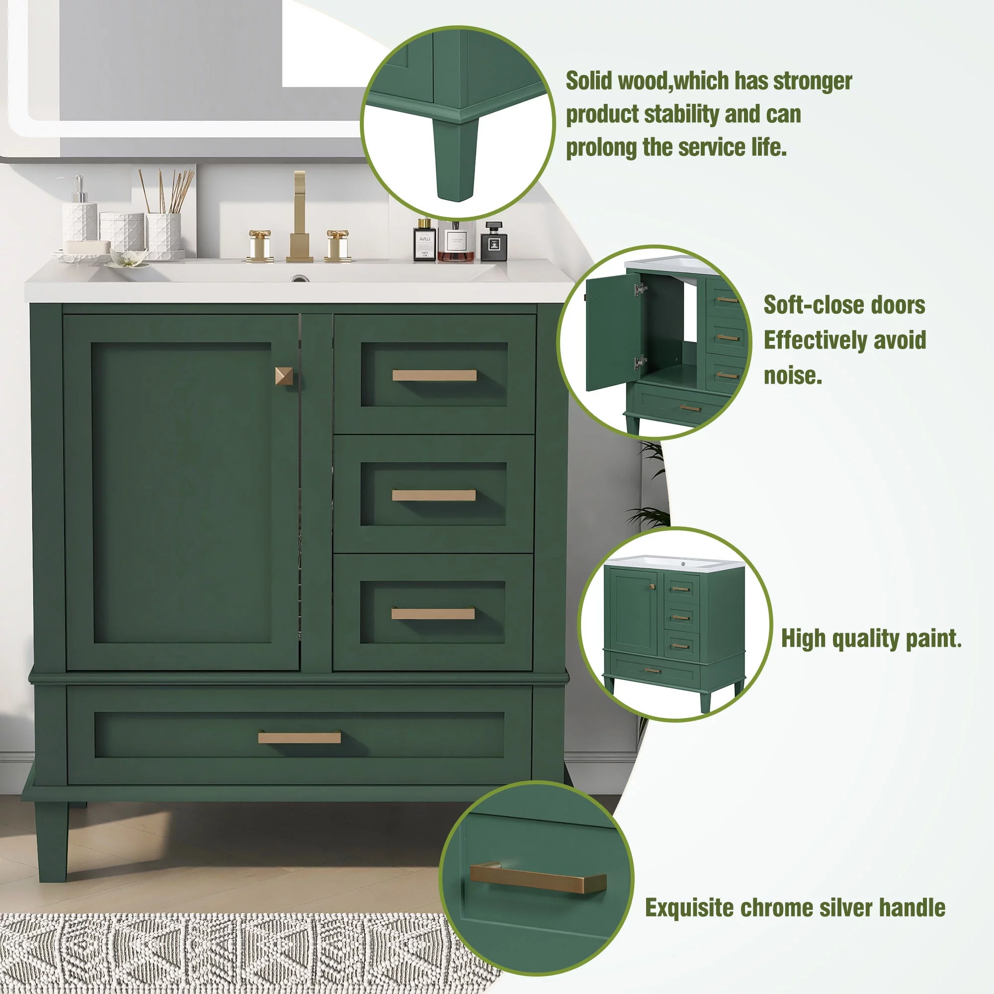 EUROCO 30" Modern Bathroom Vanity Cabinet Solid Wood with Top Basin,Bathroom Storage Cabinet with Soft Closing Door and 3 Drawers,Green