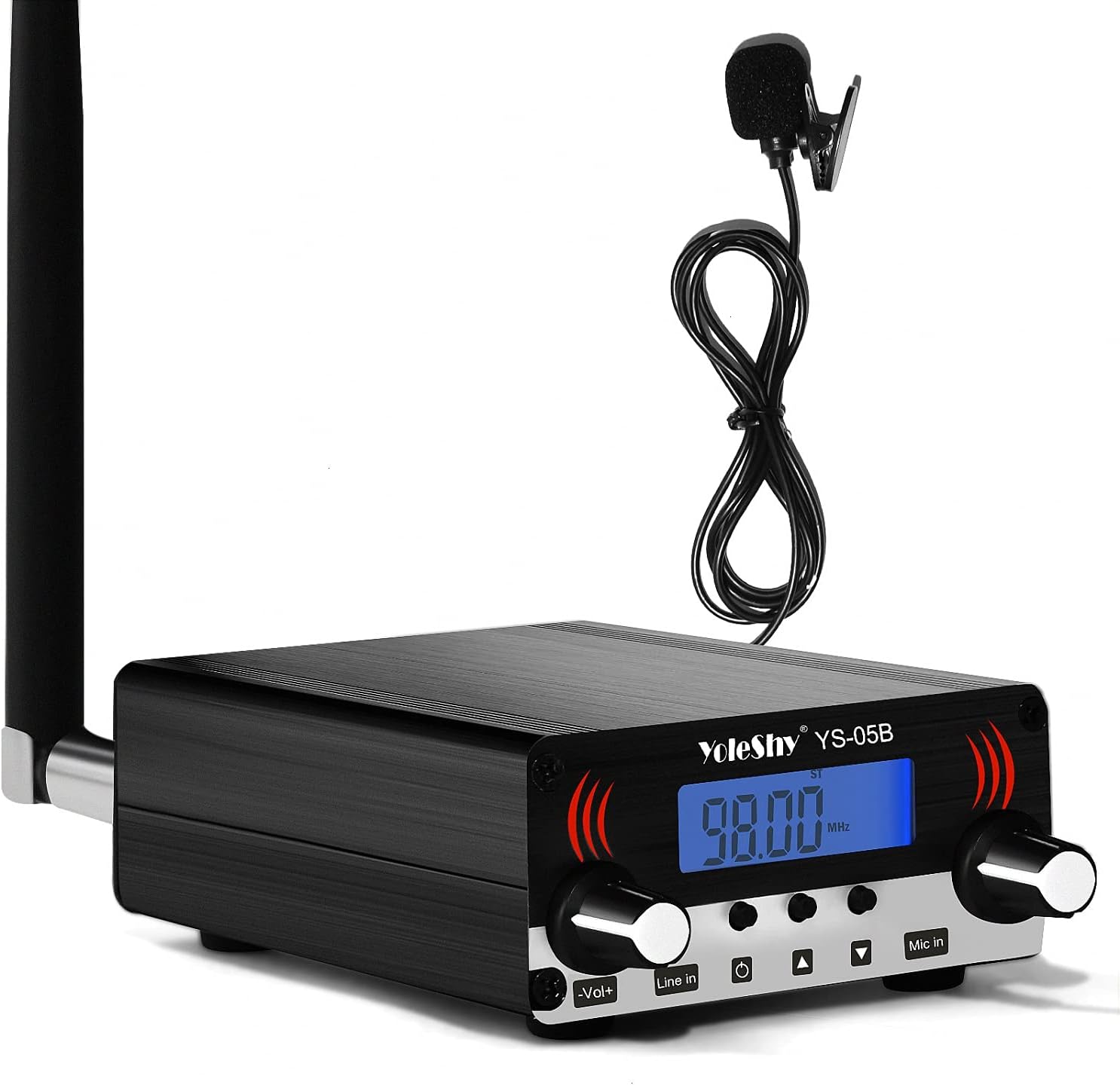 YoleShy 0.5W YS-05B FM Transmitter for Church Parking Lot, Digital LCD FM Broadcast Transmitter, Long Range Mini Radio Stereo Station with Antenna, Microphone, 87.5-108MHz, FCC Part15 Certified, Black