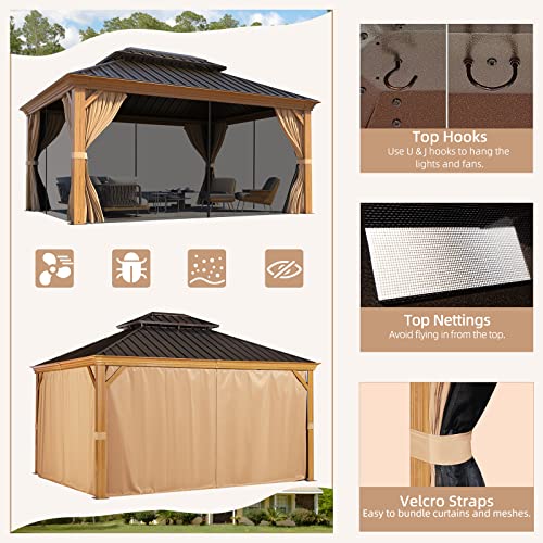 YOLENY 10' x 12' Hardtop Gazebo, Wood-Looking Gazebo with Galvanized Steel Double Roof, Aluminum Frame, Permanent Metal Pavilion with Netting and Curtains for Deck, Backyard, Patio and Lawns