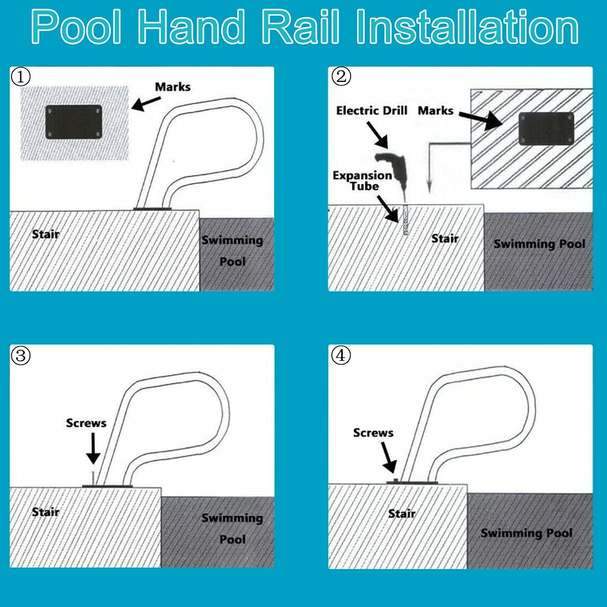 Swimming Pool Hand Rail for Inground Swimming Pools Easy Mount Hand Grab Rail, Stainless Steel Swimming Pool Stair Rail w/Base Plate 30.5×22.5 Swimming Pool Rails