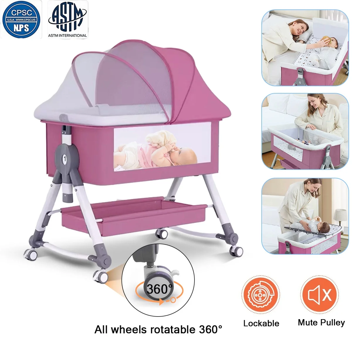 Baby Bassinet, 4 in 1 Infant Bedside Crib with Storage Basket and Wheel &Changing Table, Adjustable Infant Cradle, Pink