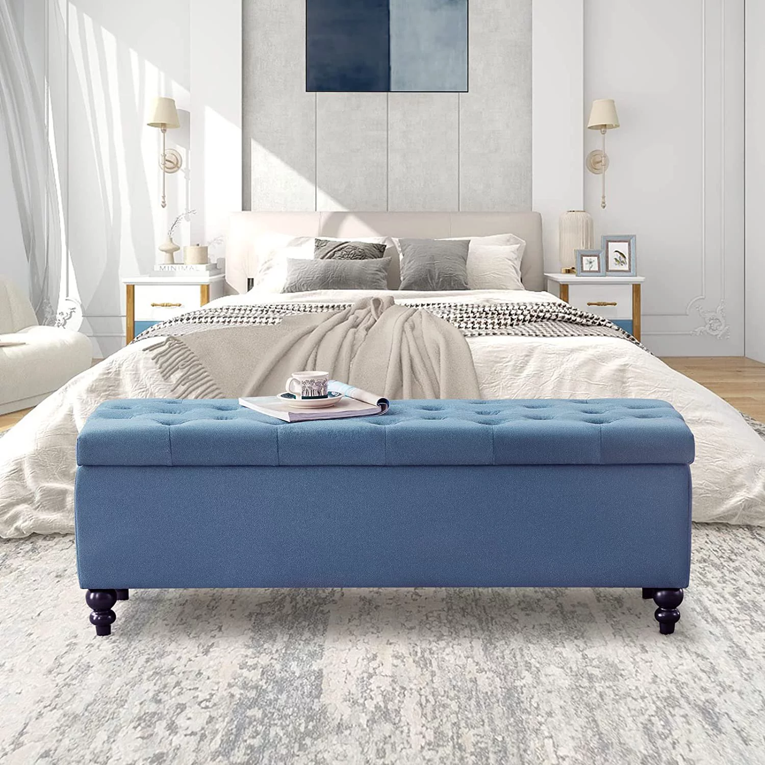 Kinmars 50.2" Ottoman with Storage, Large Storage Bench with Button-Tufted, Safety Hinge Ottoman in Upholstered Fabrics for Bedroom, Living Room(Blue)