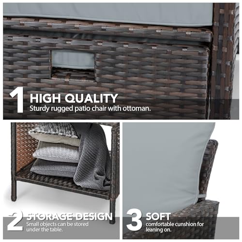 LEVELEVE Balcony Furniture 5 Piece Patio Conversation Set, PE Wicker Rattan Outdoor Lounge Chairs with Soft Cushions 2 Ottoman&Glass Table for Porch, Lawn-Brown Wicker