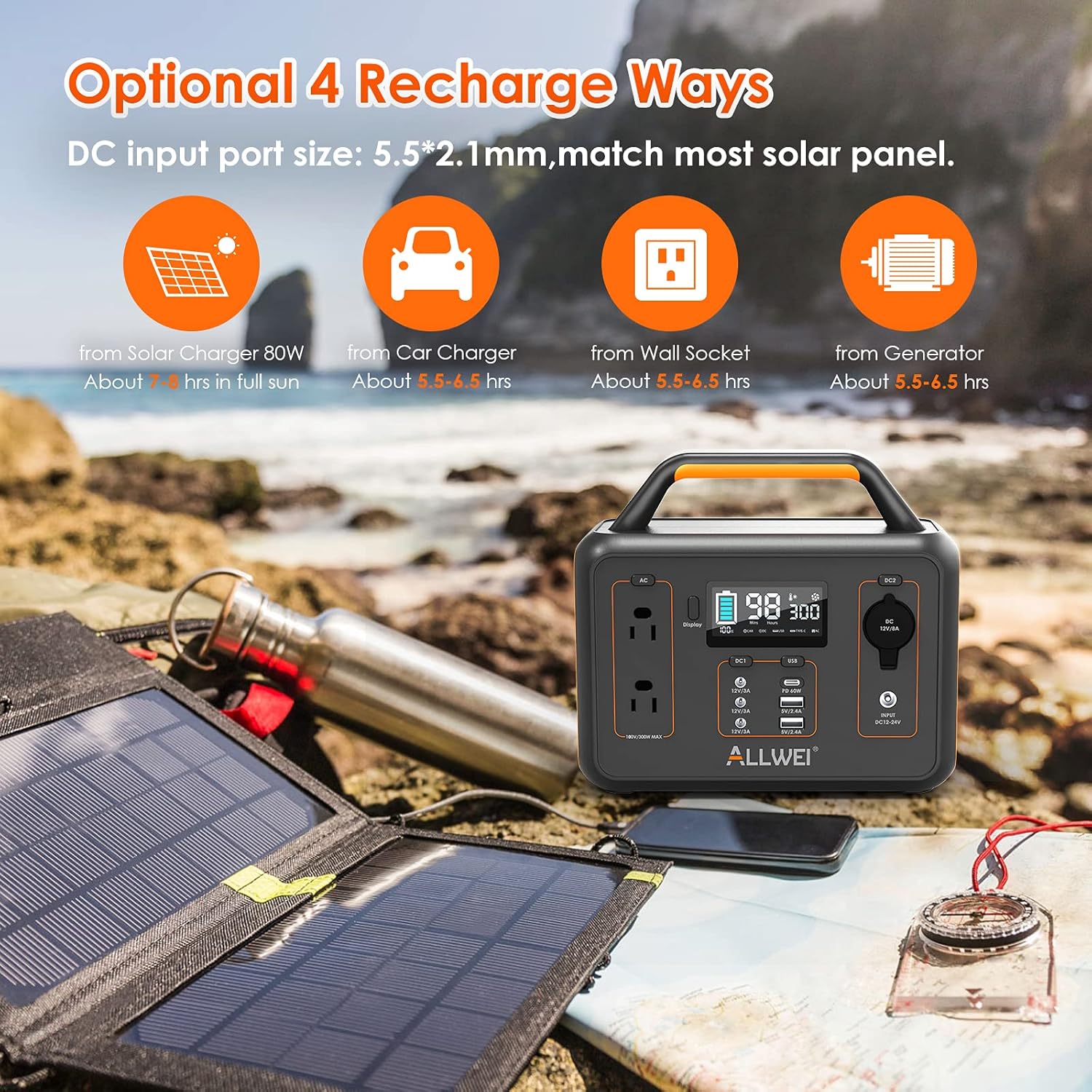ALLWEI Portable Power Station, 280Wh Backup Lithium Battery, Regulated DC for mini Cooler, USB-C PD60W, 300W Pure Sine Wave AC Outlet Solar Power Generator for Outdoors Camping Travel Emergency