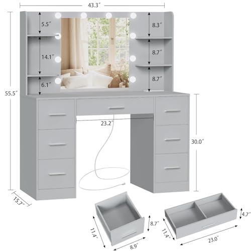 Quimoo Large Vanity Desk with LED Lighted Mirror & Power Outlet,Makeup Vanity Table with 7 Drawers,4 Shelves and 5 Hooks,Vanity Table, Vanity Desk Set for Bedroom,Bathroom,White