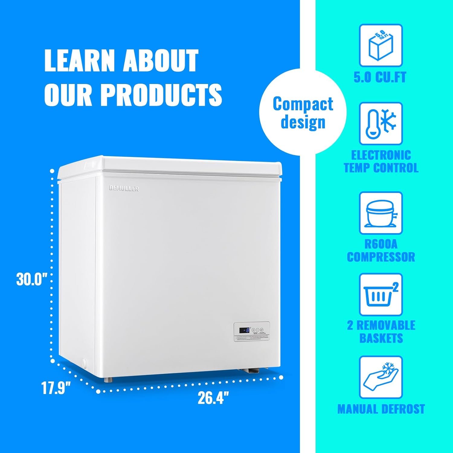 Chest Freezer 5.0 CU.FT Ultra-low Temperature Deep Freezers (Down to -12-50℉) with TWO Removable Baskets Freestanding White Small Mini Compact Fridge Freezer for Home/Kitchen/Office