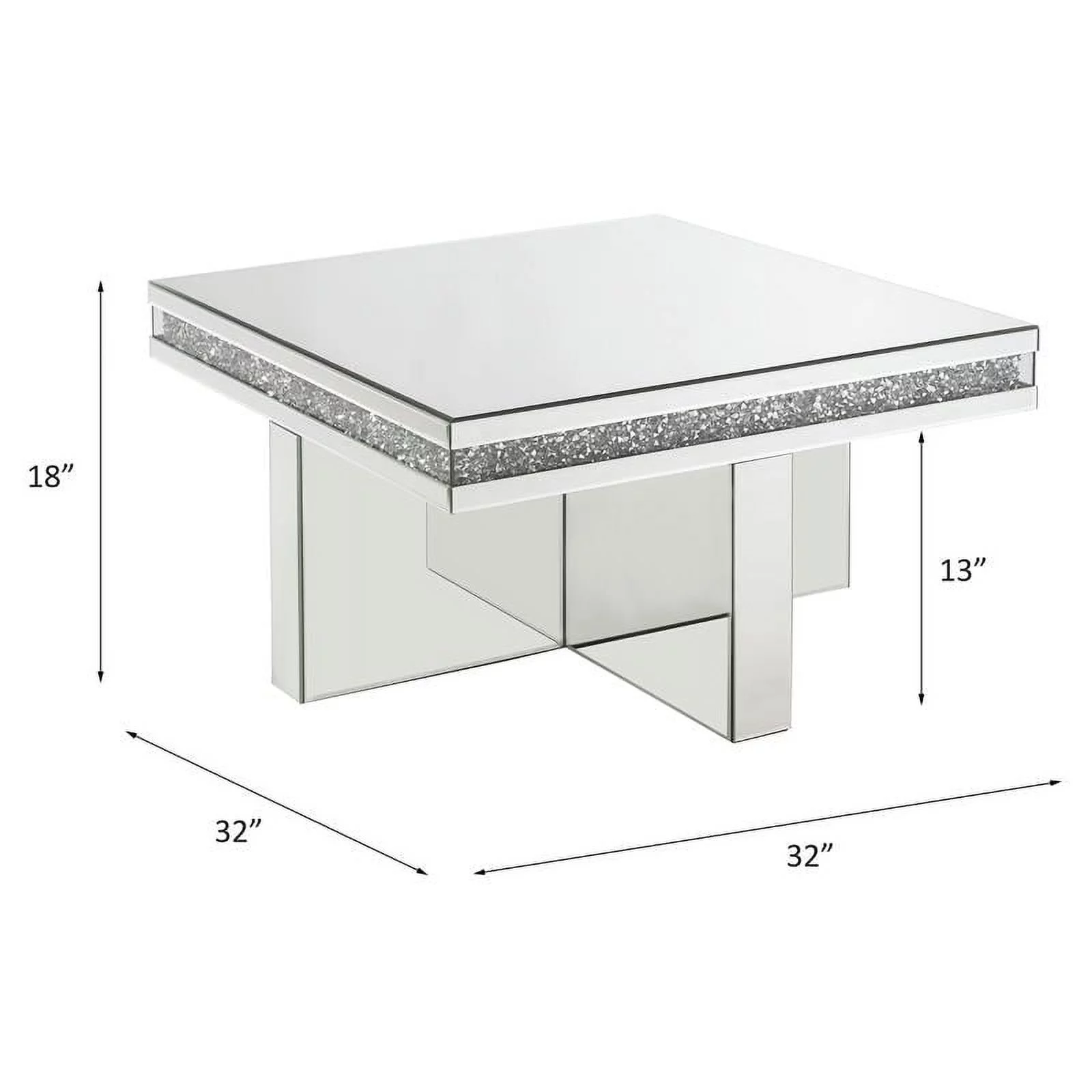 ACME Furniture Noralie Square Glass Coffee Table in Mirrored and Faux Diamonds
