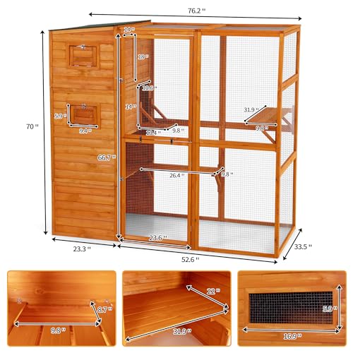 COZIWOW Large Wood Cat Catio, Outdoor Enclosure with Weatherproof Roof, 2 Resting Rooms, 2 Platforms, 4-Tier Cat Playpen, Orange