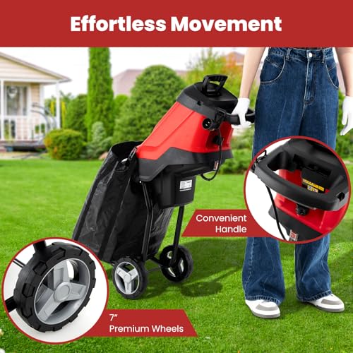 15 Amp Electric Wood Chipper Shredder, Corded Leaf Mulcher Shredder with Plunger, Collection Bag & 15:1 Reduction, Garden Shredder with Wheels for Branches, Leaves, Waste(Red)