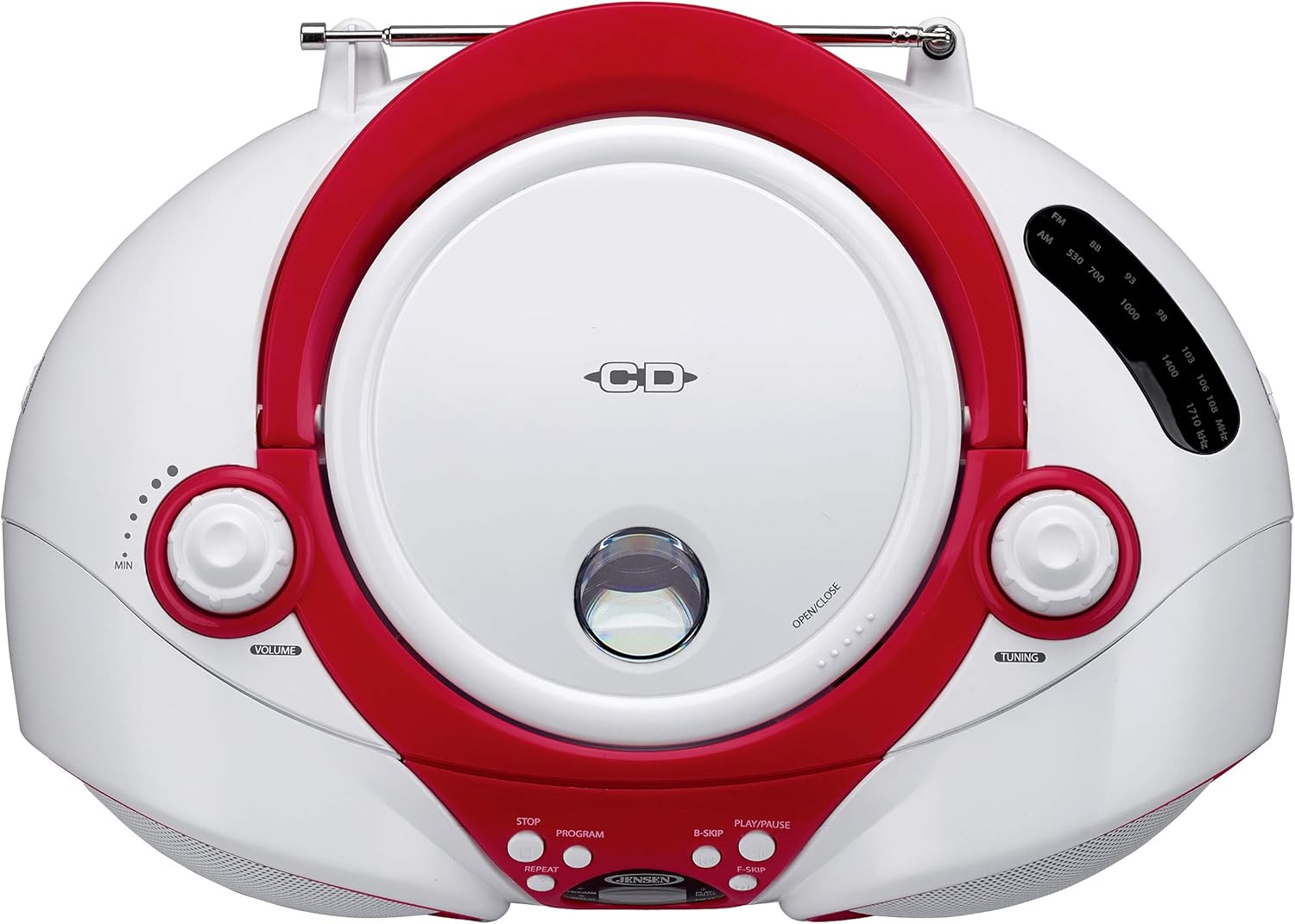Jensen CD Boombox CD-490 White/Red Portable Stereo Boombox + CD-R/RW Player with AM/FM Radio and Aux Line-In (Limited Edition Color) Pack of 2