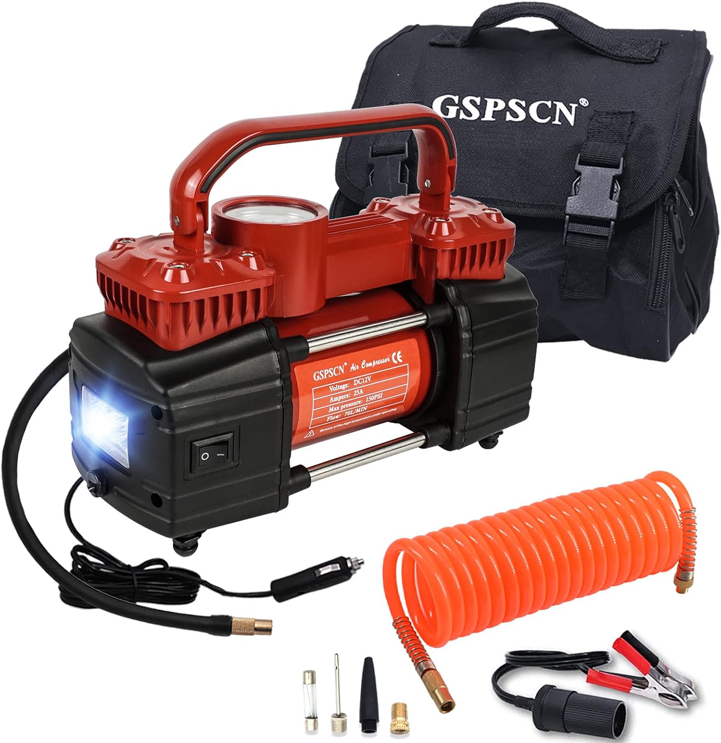 GSPSCN Dual Cylinder DC 12V Air Compressor for Car, Heavy Duty Portable Tire Inflator,Tire Pump 150PSI with LED Light for Auto,Truck,SUV, RV,Balls etc (Titanium) Pack of 2