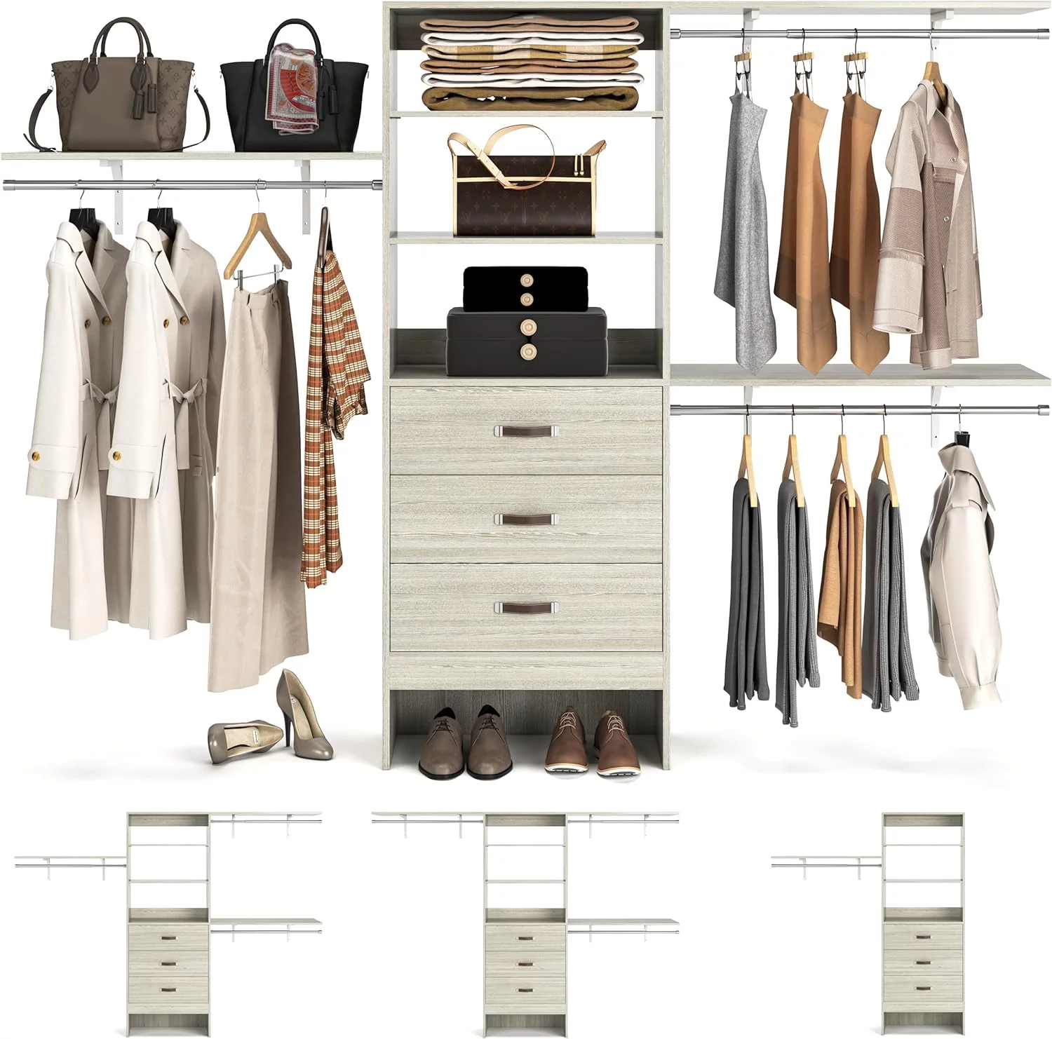 Homieasy 96 Inches Closet System, 8FT Walk In Closet Organizer with 3 Shelving Tower, Heavy Duty Clothes Rack with 3 Drawers, Built-In Garment Rack, 96" L x 16" W x 75" H, Max Load 1000 LBS, White Oak - Curated Treasures Market