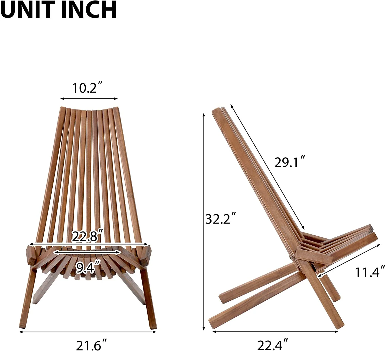 Patio Natural Lounge Chairs Outdoor Folding Wood Chair, Foldable Low Profile Acacia Wood Lounge Chair Perfect for Patio Garden Deck - 21.5 x 30 x 33 Inches