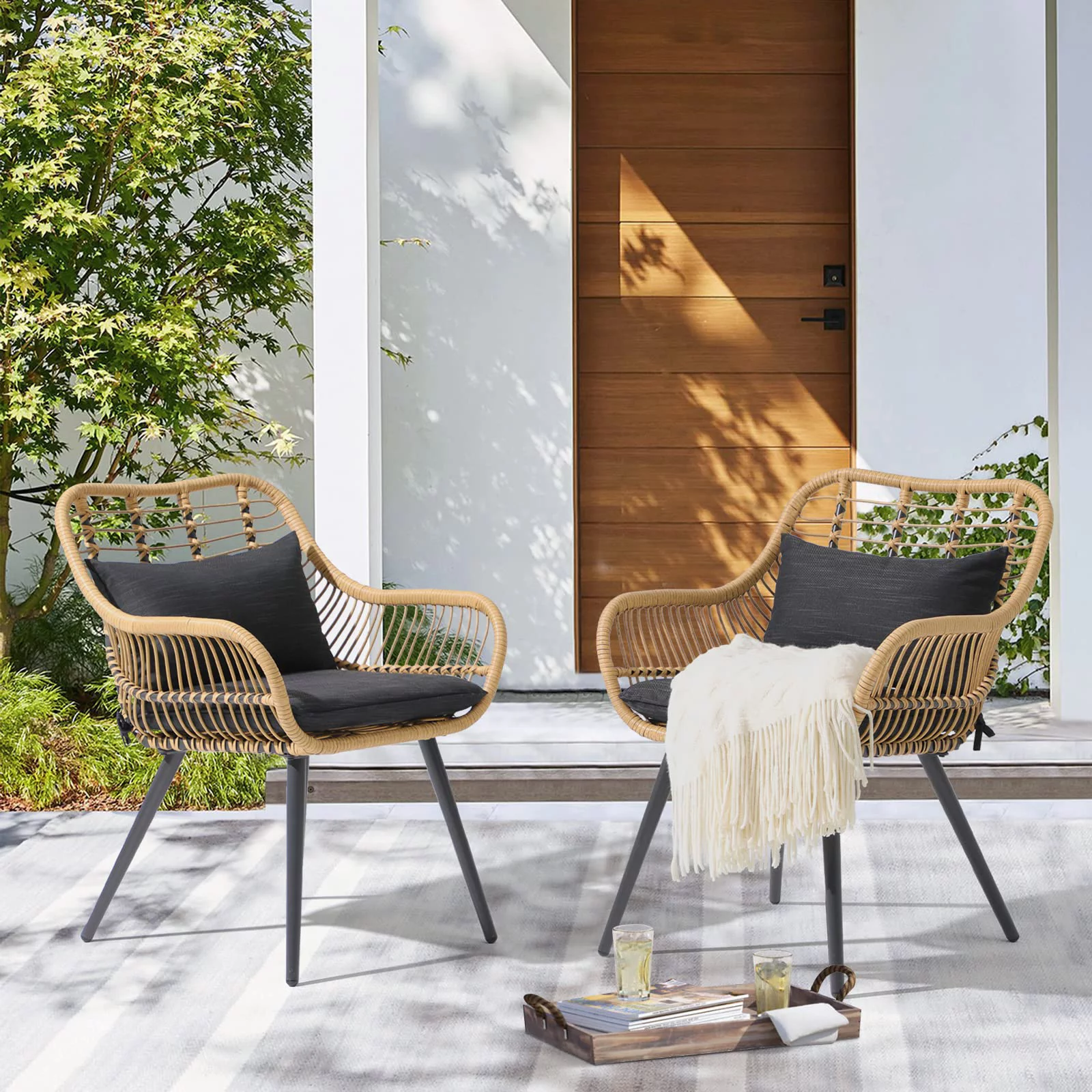 JOIVI Outdoor Wicker Chairs Set of 2, Patio Dining Chairs with Cushions, All-weather Rattan Porch Chairs with Armrest for Outside Lawn, Balcony, Garden, Black