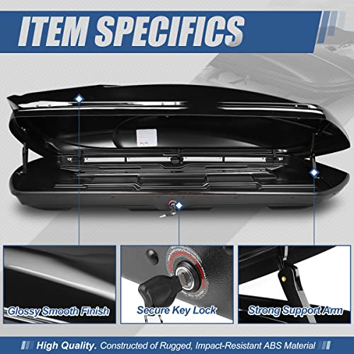 Auto Dynasty Hard Shell Roof Top Mount Car Storage Travel Luggage Box Cargo Carrier, 53 (L) x 34 (W) x 15 (H) Inches, Capacity 110 Pounds, 11 Cubic Feet (Tool-Free Install), Glossy Black Finish
