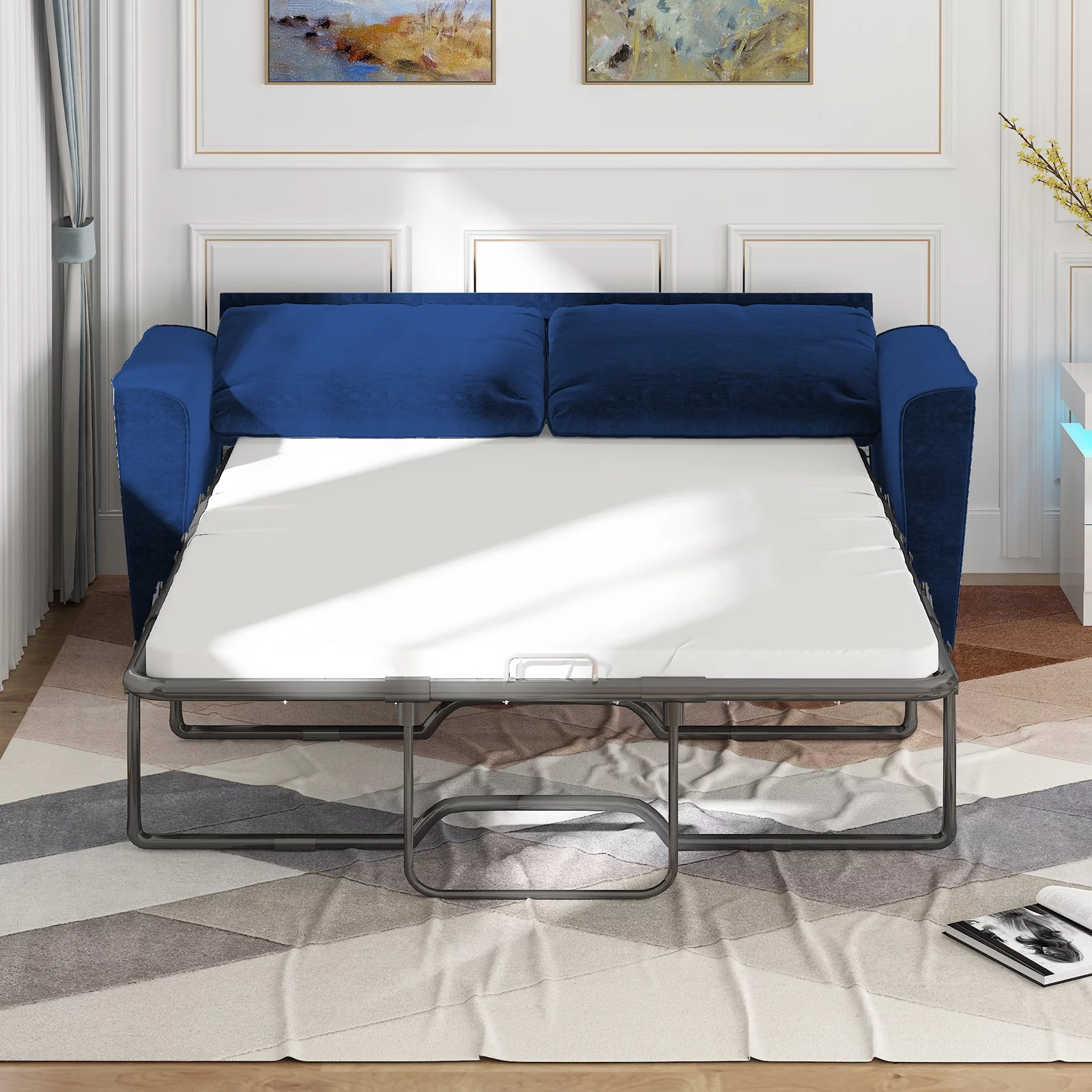 MUZZ Full Size Pull Out Sofa Bed, Velvet Sofa Couvh with Pull Out Bed, Sleeper Sofa Couch with Foam Mattress, 2-in-1 Sleeper Couch Bed for Living Room/Apartment/Small Spaces (Blue)